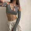 2022 Summer New Goth Y2k Punk T-skjorte Dame Halter Topper Gothic Girl Patchwork Langermet Crop Top Sexy Cut Out Casual T-skjorter