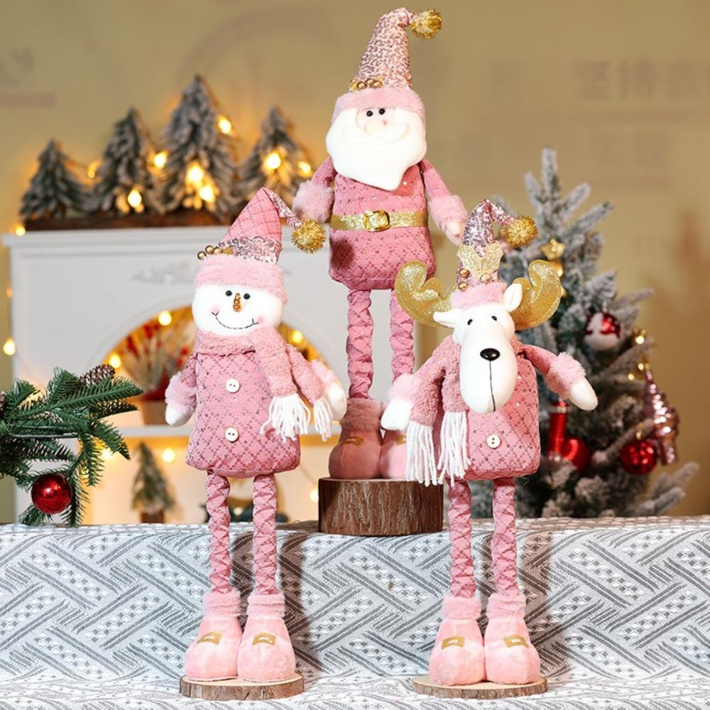 Pink Santa Claus Telescopic Doll Window Scene Christmas Decoration Xmas Ornament Knitted Elk Doll