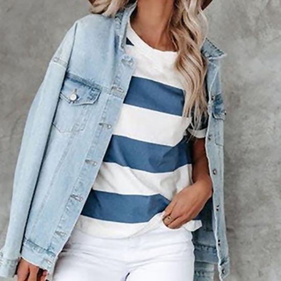 T-shirt ample à manches courtes et col rond pour femmes, rayé bleu et blanc imprimé, blouse d'été streetwear