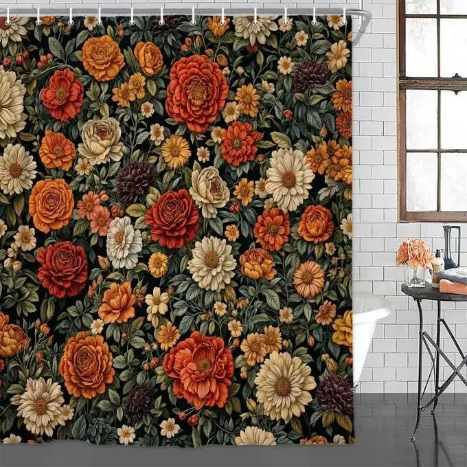 

Bohemian Style Vintage Floral Shower Curtain Red Floral Plants Bathroom Shower Curtain, Bathroom Decoration 180X180Cm W60H190(CM)-1 Pcs