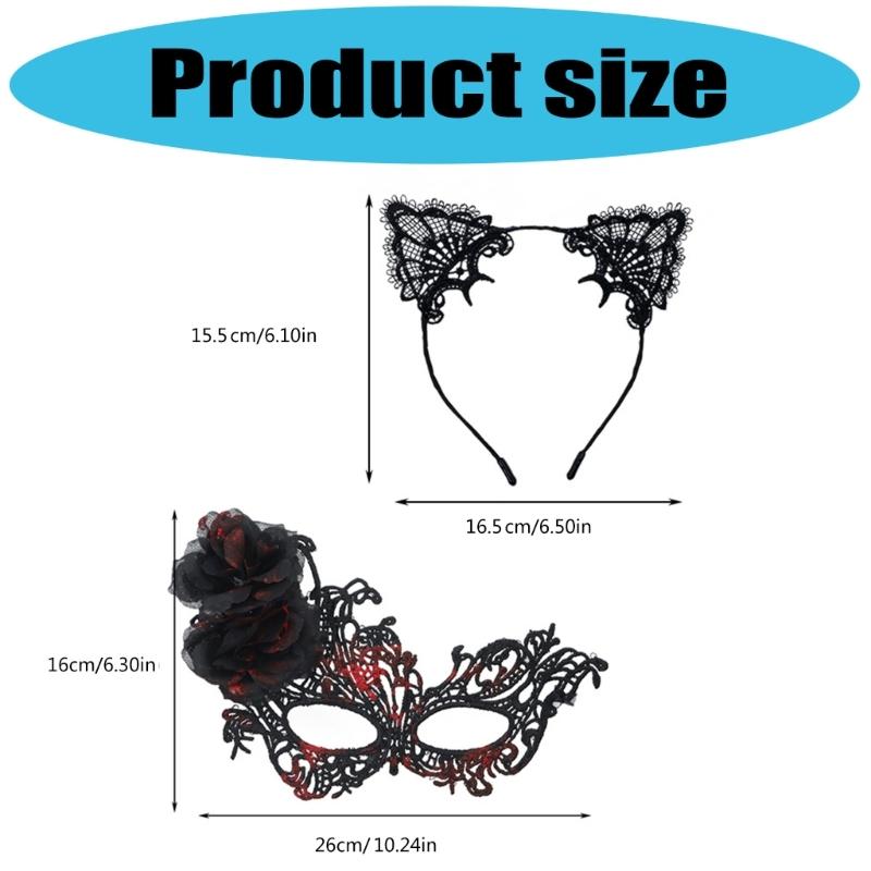 Elegant Lace Half Face Mask with Detachable Cats Ear Headband Hair Decors for Halloween Cosplay Costume Parties