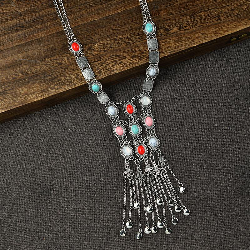 Ethnic Turquoise Fringed Necklace Bohemian Long Temperament Personalized Metal Pendant Women's Retro Accessories