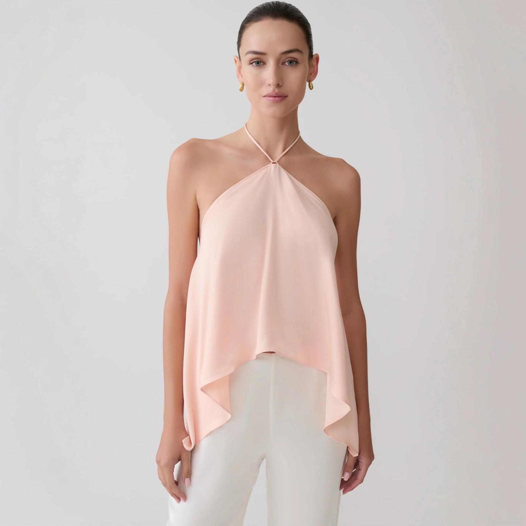 Cross-border European and American women s clothing new sexy satin neck top sleeveless backless vacation style T-shirt suspender vest women S розовый