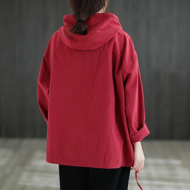Primavera Otoño Mujer Talla Grande Sobredimensionado Chaquetas Chaqueta con Capucha Algodón Abrigo Negro Abrigo Rojo Negro