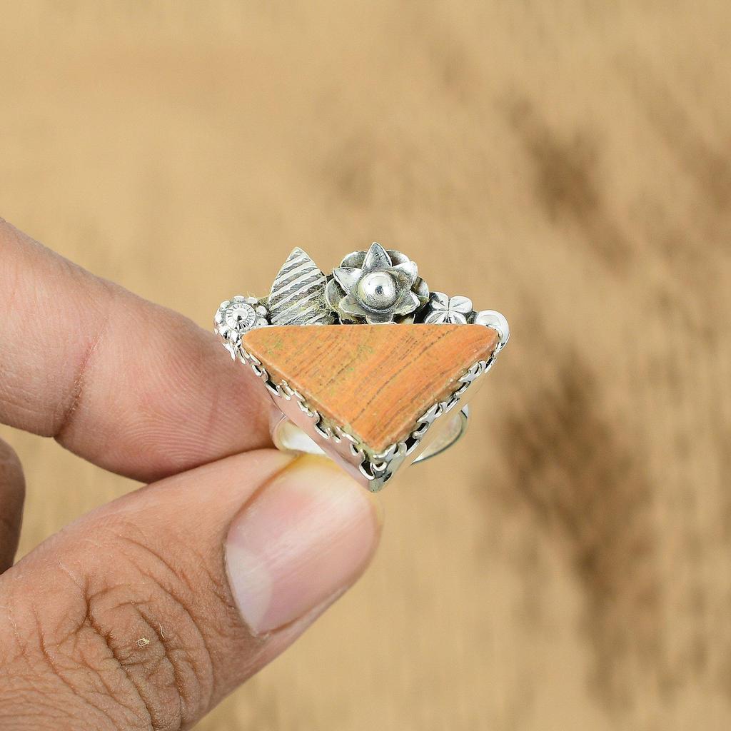 Gift For Her Natural Petrified Wood Promise Flower Adjustable Ring 925 Silver