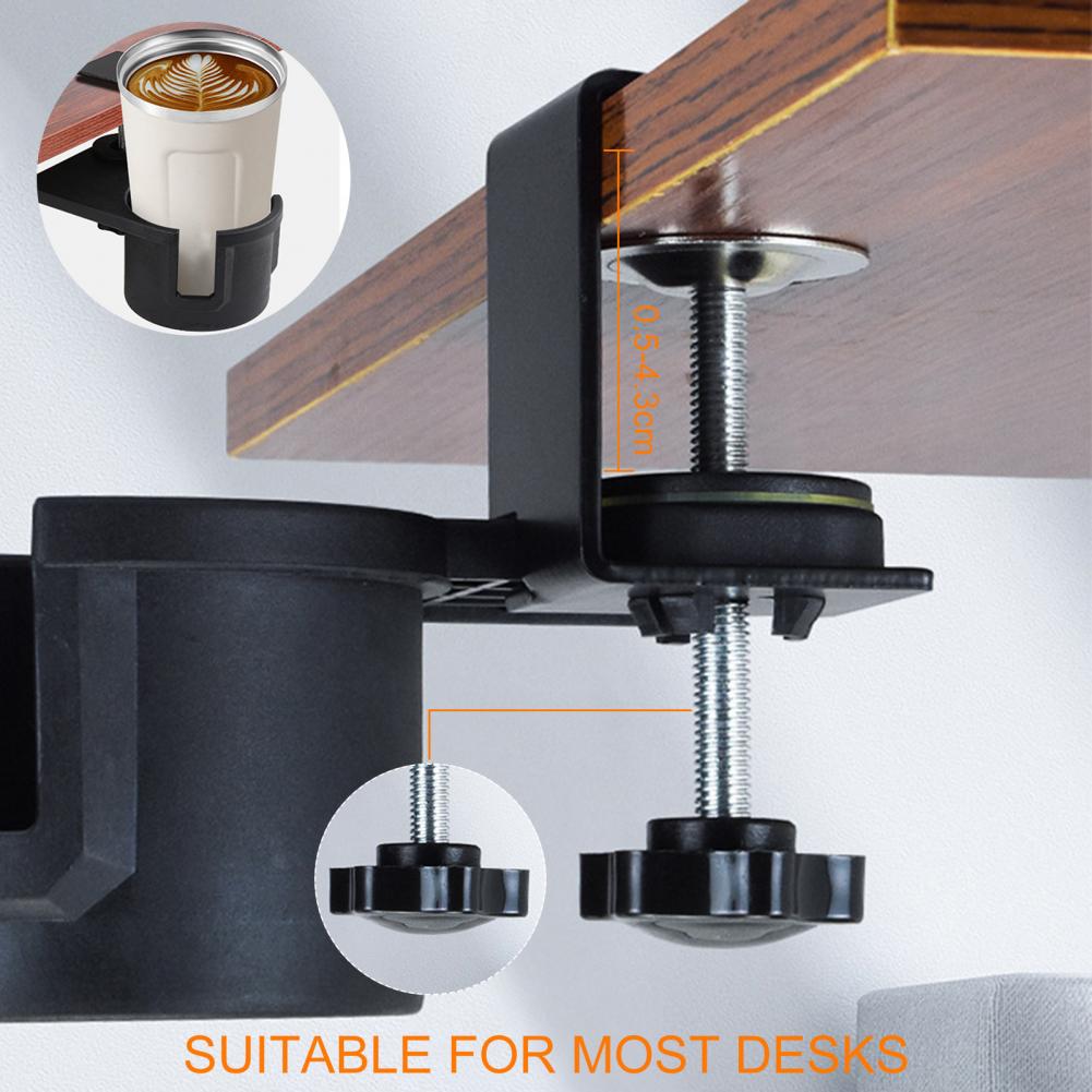Under-Desk Cup Holder Plastic 180 Degree Rotating Anti-Spill Adjustable Clip Design Mug Holder for Coffee Mugs Water Bottles