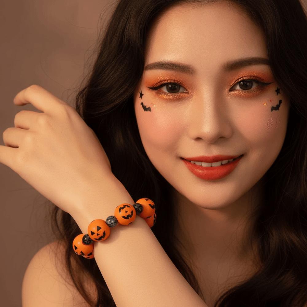 Elastic Halloween Bracelet Stretchy Wood Wristband Devil Eye Bangle Pumpkin Beads Bracelet Couples