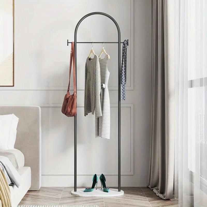 Metal Free Standing Clothes Hanger with Marble Base - Uncharged, Minimalist Bedroom Floor Mount Coat Rack with Storage Shelf