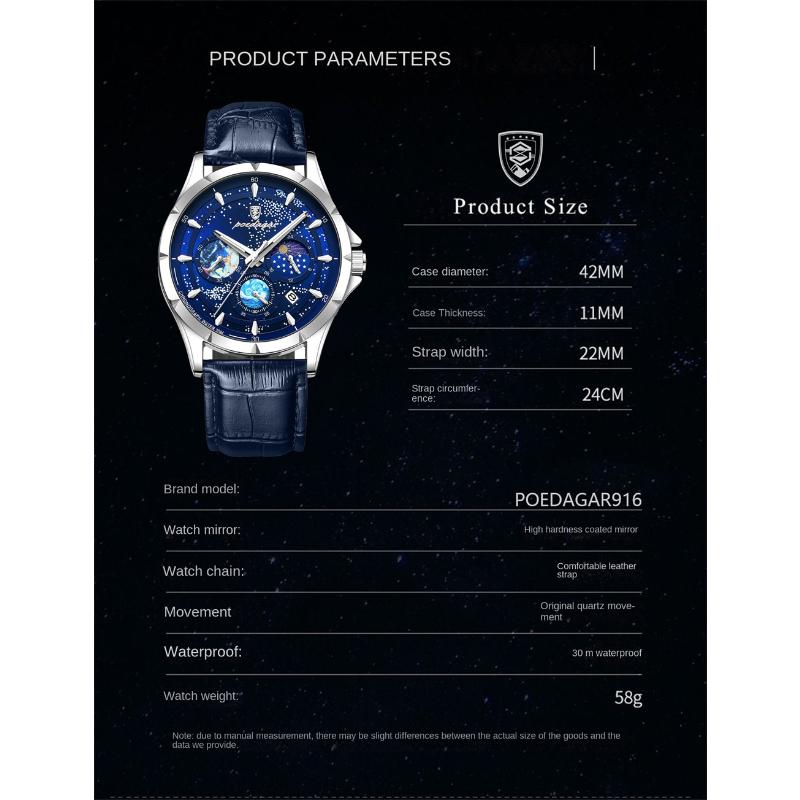 POEDAGAR Luxusní pánské náramkové hodinky Luminiscenční Vodotěsné Chronograf Datum Pánské hodinky Nerezová ocel/Kožený řemínek Pánské křemenné hodinky