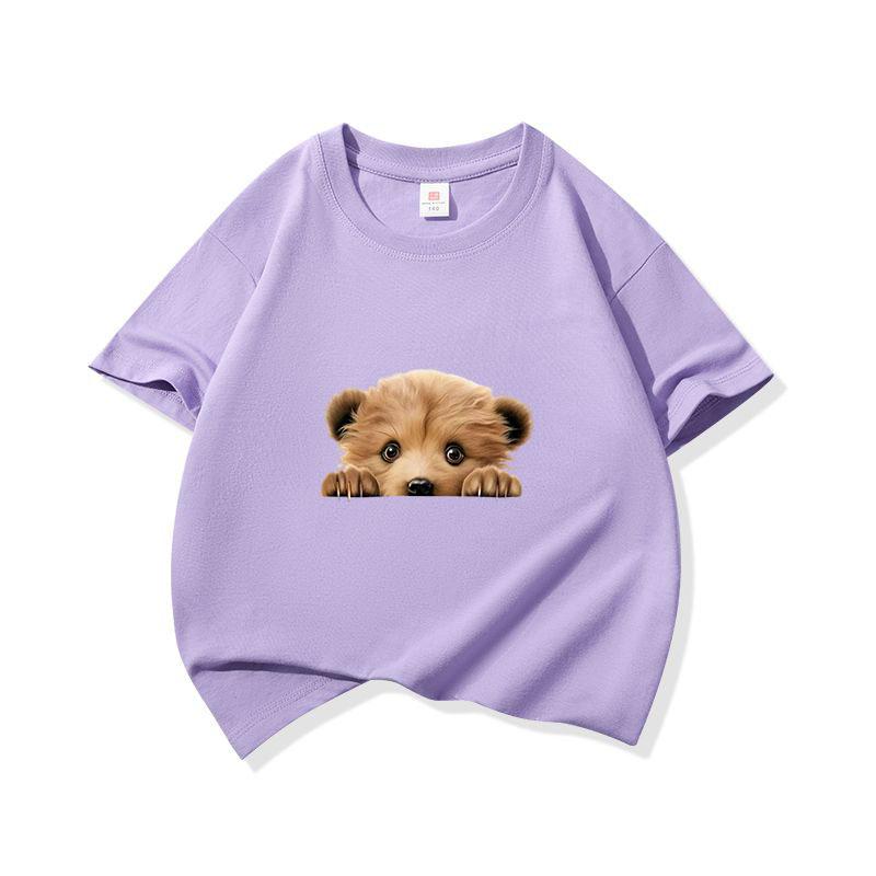 Kids Cotton T Shirt Cute Peeking Bear Cub Print Crew Neck Short Sleeve Tee Casual Breathable Boys Girls Summer Tops