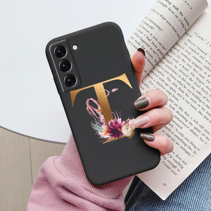 For Samsung Galaxy S22 S 22 Plus Case Flower Gold Letter A Z Soft Silicone Phone Cover For Samsung S22 Ultra Bumper S22+ Shell