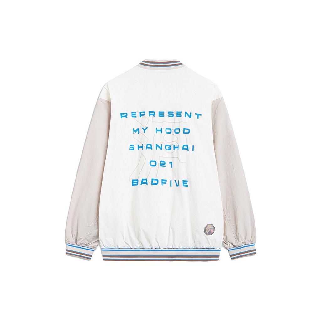 Li Ning Badfive Color Block Back Letter Print Loose Baseball Jacket Men Jackets Off-White Mica-Gray AFDT807-2