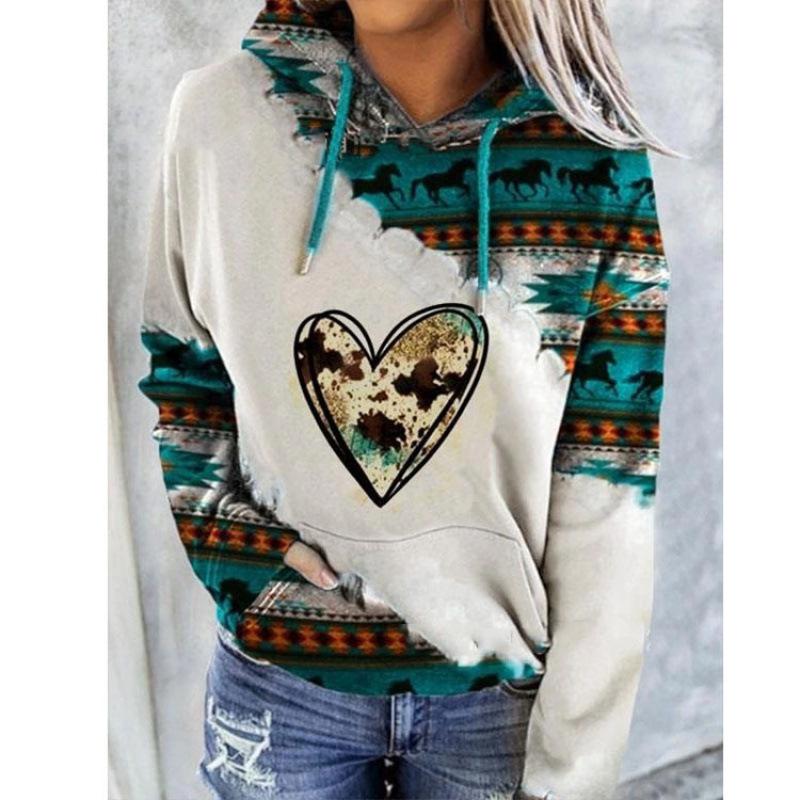 Plus Size Women Long Sleeve Round Neck Pullover Autumn Ethnic Printed Hoodie Winter Loose Casual Hooded Sweatshirt