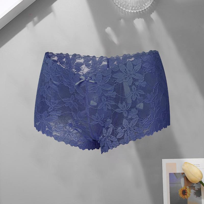 Women‘s Sexy Lace Floral Boxer Shorts Panties Female Solid Color Hollow Out High Waist Boyshort Elastic Perspective Lingerie