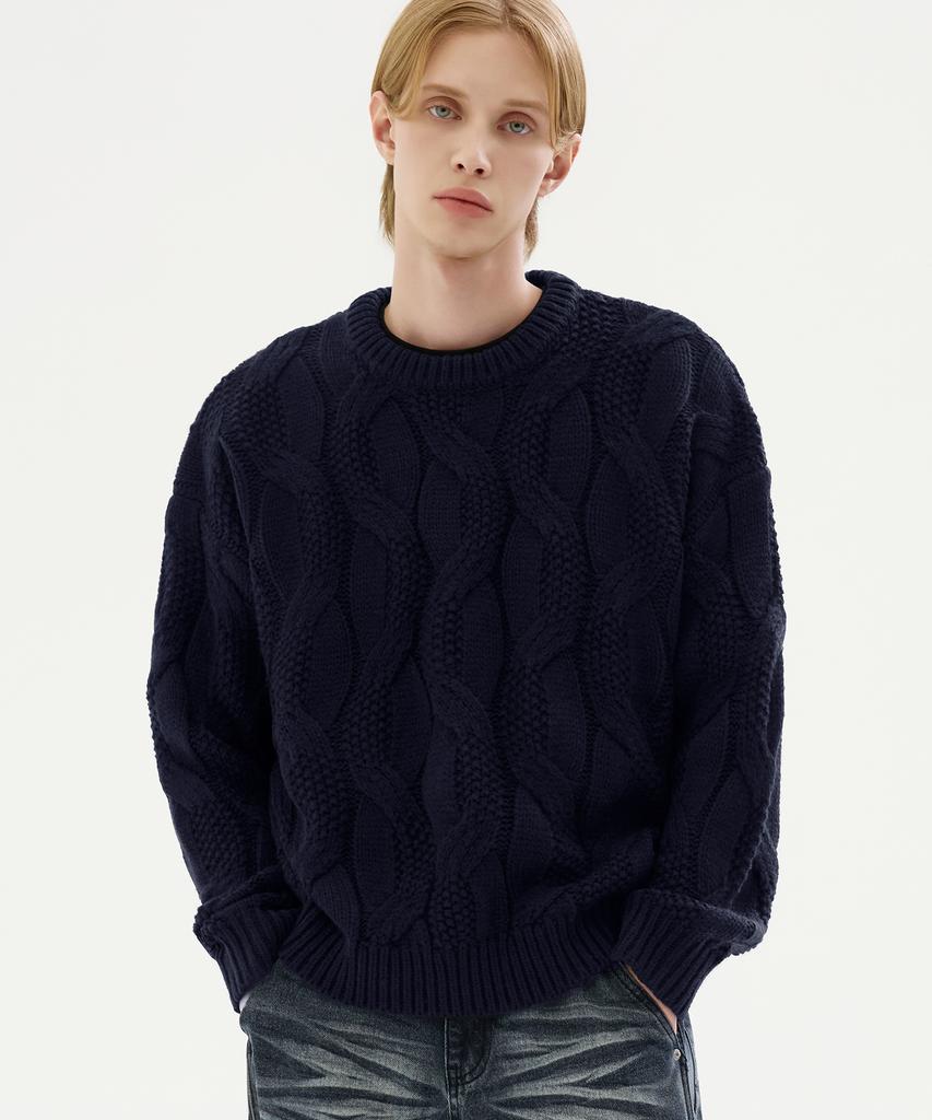 TRILLION Washable Big Cable Oversized Crew Neck Knit [Navy]