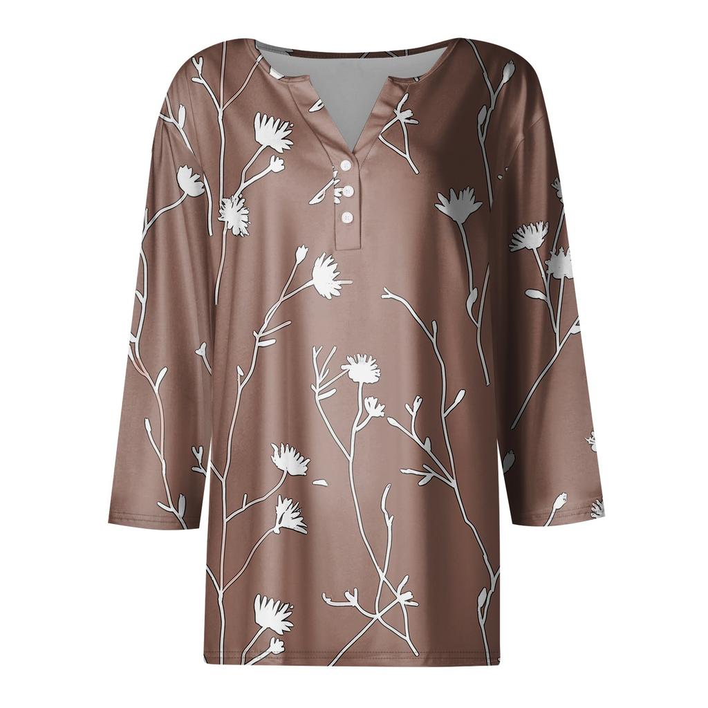 Women's Fashion And Leisure Flower Print V Neck 3/4 Sleeve Button Top T-shirt Top