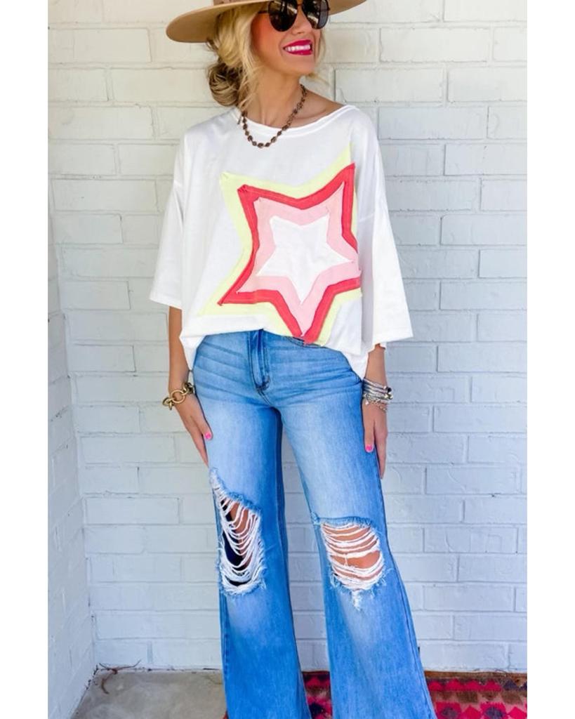 Azura Exchange White Colorblock Star Patched Half Sleeve Oversized Tee