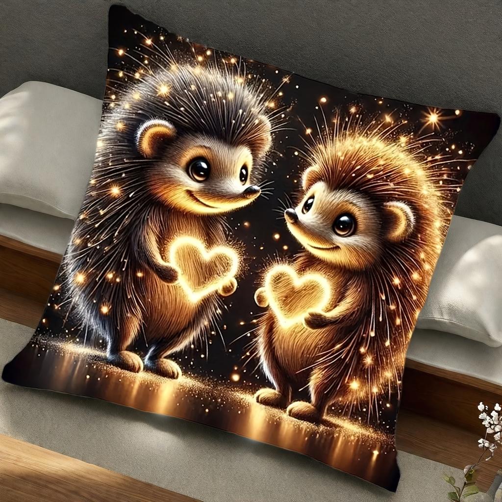 1Pc Hedgehog Love Heart Printed Throw Pillow Cover, Suitable For Sofa, Bedroom, A Healing Gift For Couples And Animal Lovers.