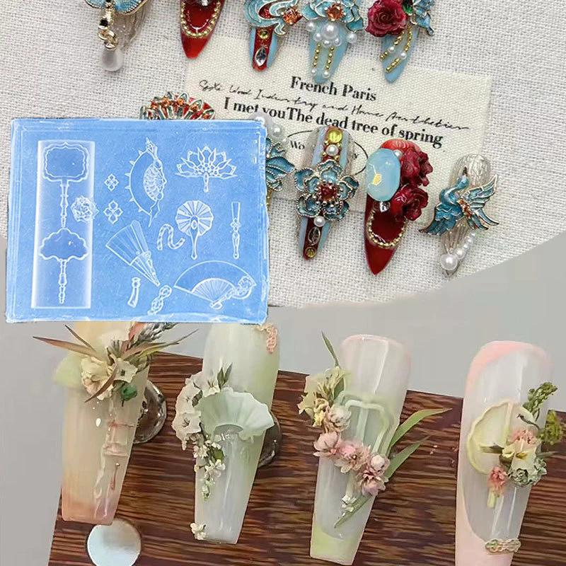 3D Chinese-Style Transparent Silicone Nail Molds Dragon Copper Coins Bells Chinese Knots Fan Manicure Design Templates