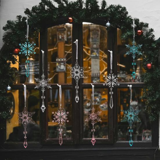 6 Pcs Acrylic Crystal Christmas Ornament Sparkling Clear Snowflake Hanging Ornaments with Drop Pendants for Wonderland Chandelier Xmas Tree