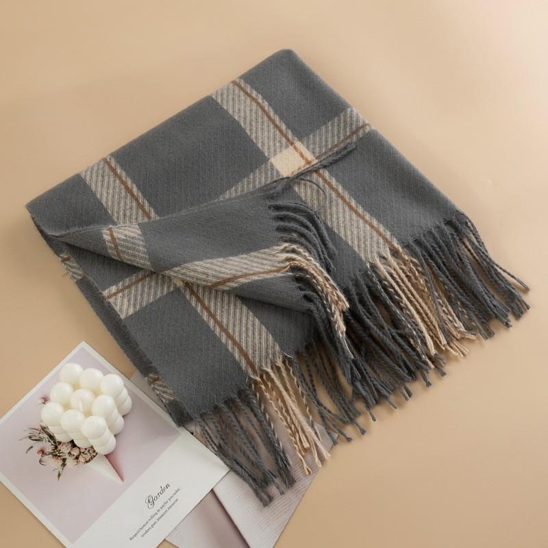 Womens Knitted Plaid Faux Cashmere Scarf With Fringe Warm Stylish Versatile Office Winter Everyday Wear
