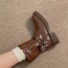 Fashion Vintage Women Western Cowboy Boots Fashion Belt Buckle Autumn Winter Shoes Female Slip On Low Heel Knight Booties