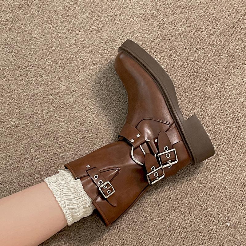Fashion Vintage Women Western Cowboy Boots Fashion Belt Buckle Autumn Winter Shoes Female Slip On Low Heel Knight Booties
