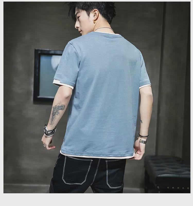 Men's Short-Sleeve Two-Piece Look Cotton T-Shirt, Loose & Breathable Hong Kong Style, Comfortable Spring/Summer Casual Innerwear Trend