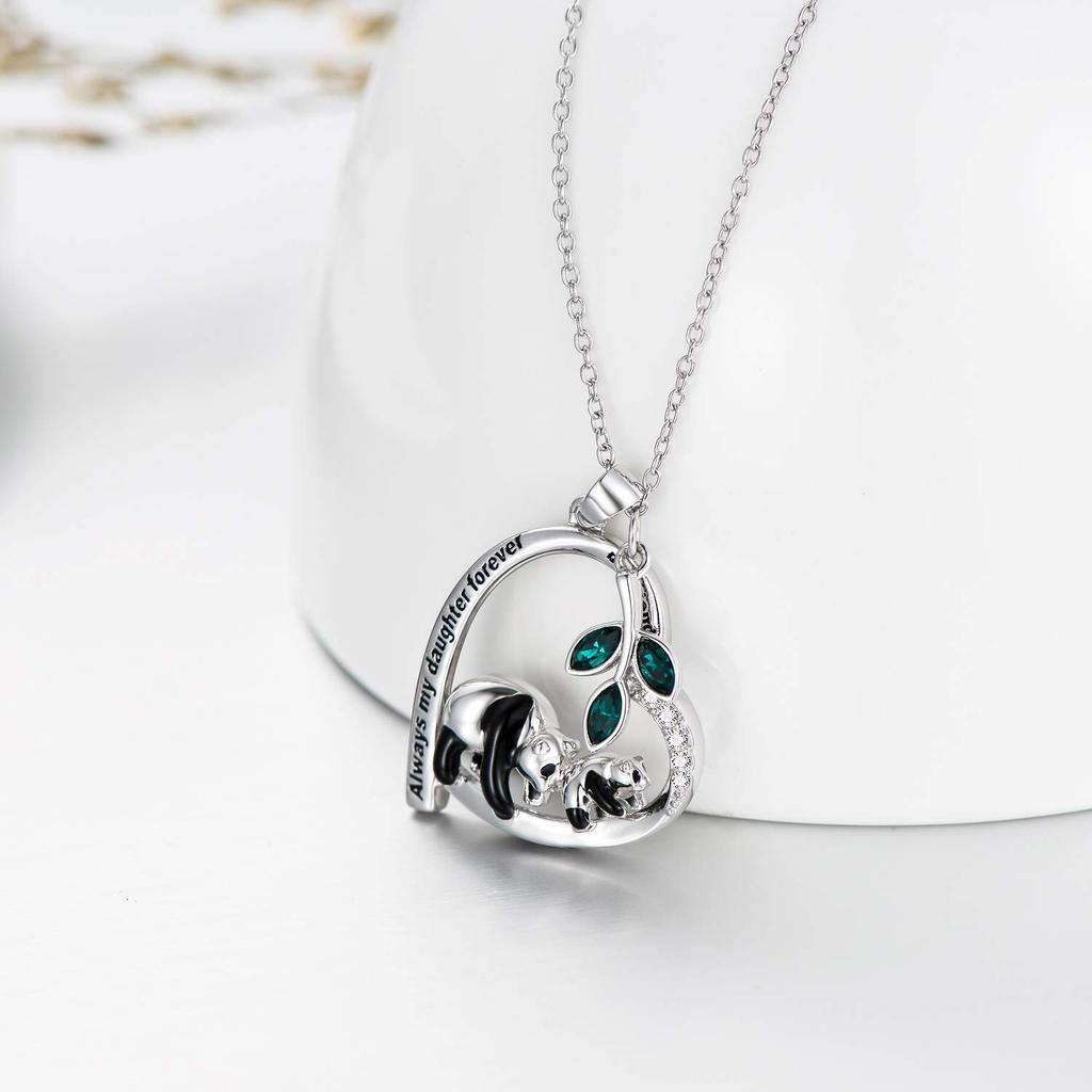 AOBOCO Funny Panda Daughter & Mother Necklace, Sterling Silver Heart Pendant with Austrian Crystal Decoration, Birthday Jewelry Gift for Daughter,