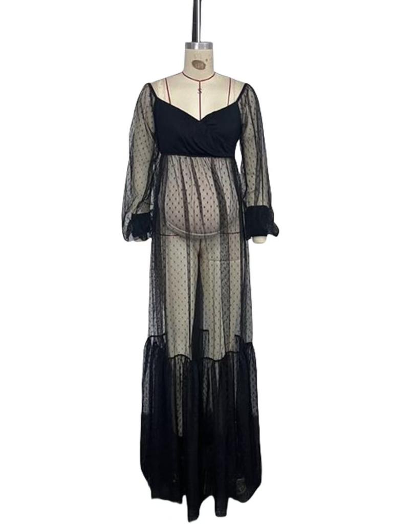 Women's Long Sleeve Maternity Gown Off Shoulder Sweetheart Tulle Split Photoshoot Dress