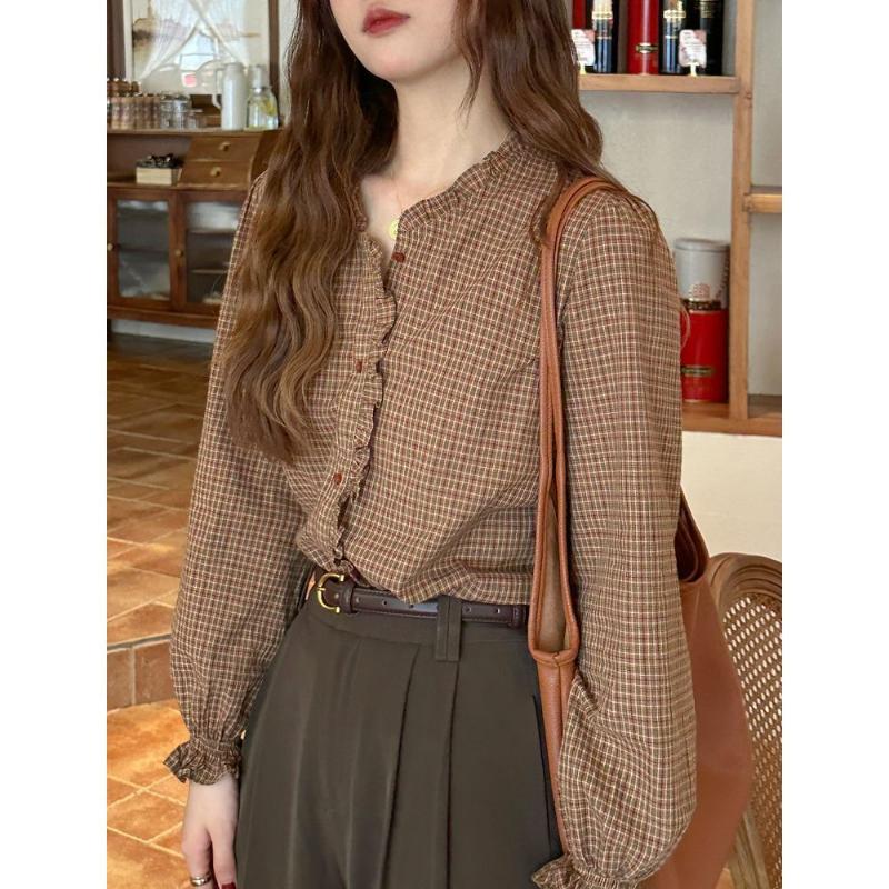 Retro Fungus Plaid Long-sleeved Shirt for Women in Autumn New V-neck Lining with Retro Top Orange and Brown Tones