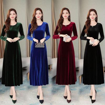 Korean Style Elegant Velvet Dress - Plus Size, Slimming, Round Neck, Long Skirt for Spring, Autumn, Winter