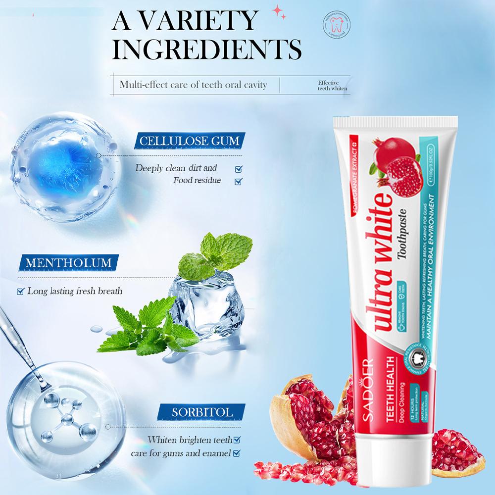100g SADOER Pomegranate Ultra White Toothpaste - Deep Clean Formula for Brighter Teeth, Fresh Breath, and Basic Oral Care