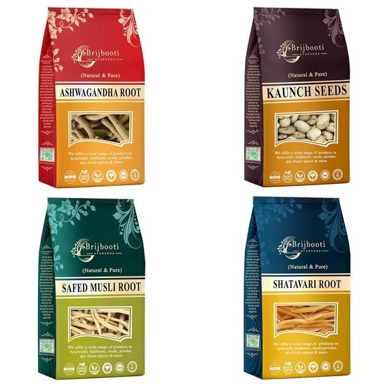 

Birju Mahavir Combo Pack of Safed Musli - Ashwagandha - Kaunch - Shatavari Root 200 gram Each, Multi, Raw 800 gram