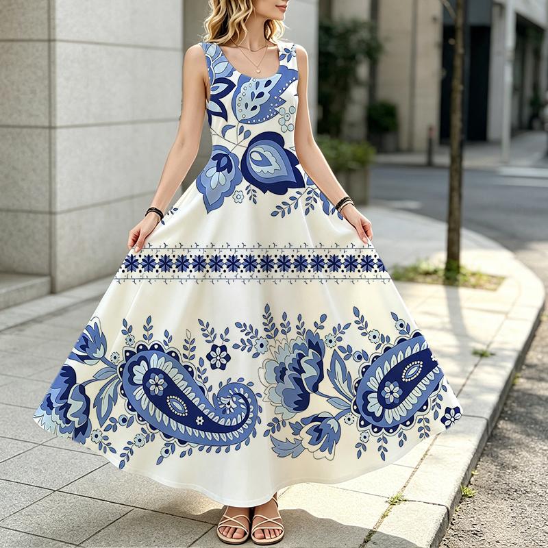 Women's Blue White Paisley Print Maxi Dress,Loose Fit Lightweight Elegant Resort Dress,Versatile for Daily Casual & Party Wear