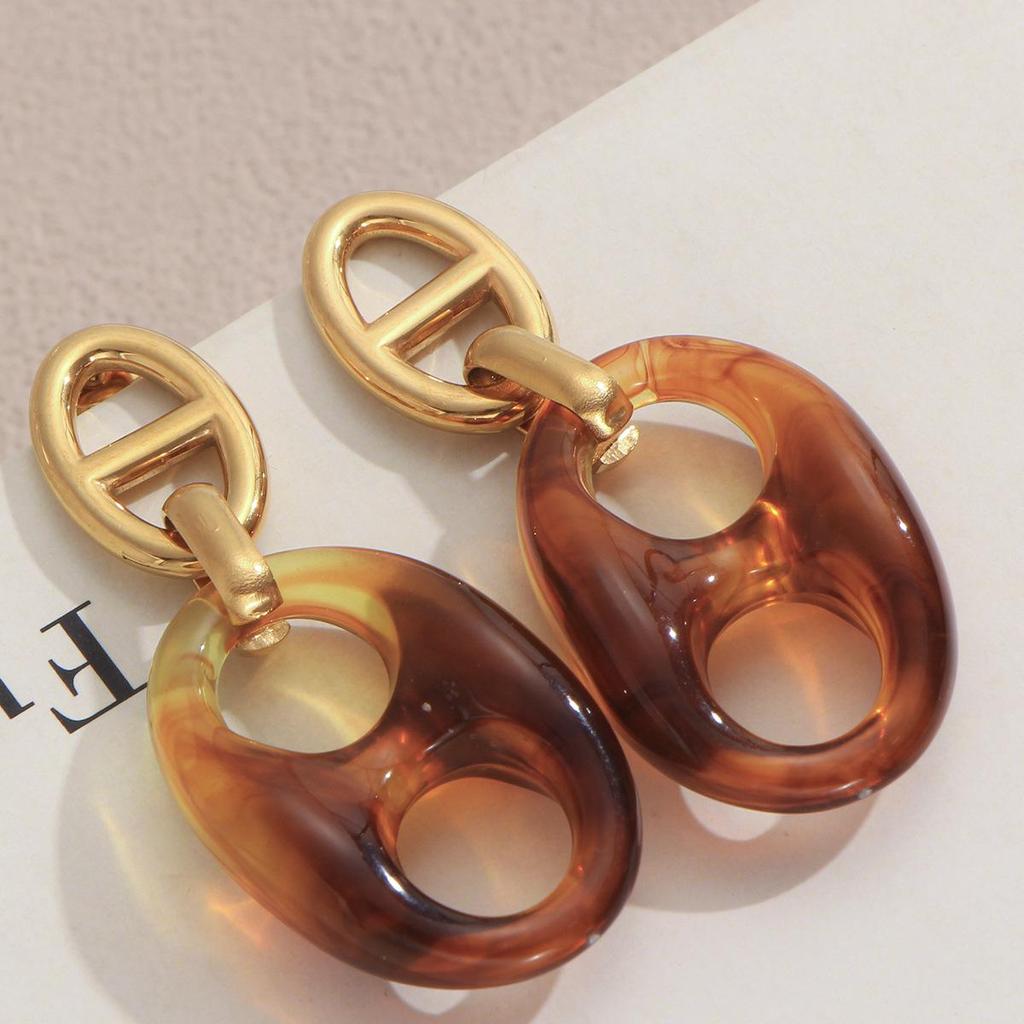Amber Resin Pig Nose Buckle Dangle Earrings for Women - Retro 304 Stainless Steel Design