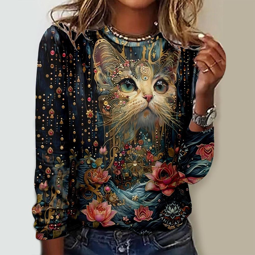 

Round Neck 3D Cat Pattern T-shirts Casual Long Sleeved Women s T-shirts - Soft Medium Stretch Polyester Fabric Spring and Autumn Relaxed Fit Clothing 5XL