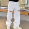 Jeans rectos anchos desgastados de pierna recta de marca de moda de primavera para hombre blancos