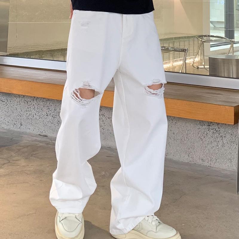 Jeans rectos anchos desgastados de pierna recta de marca de moda de primavera para hombre blancos