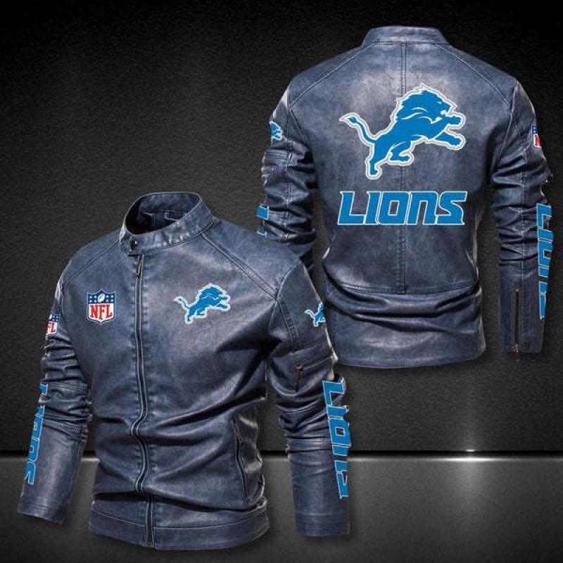 PU Leather Motorcycle Jacket Plus Size Biker Coat NFL Lions Fans Men