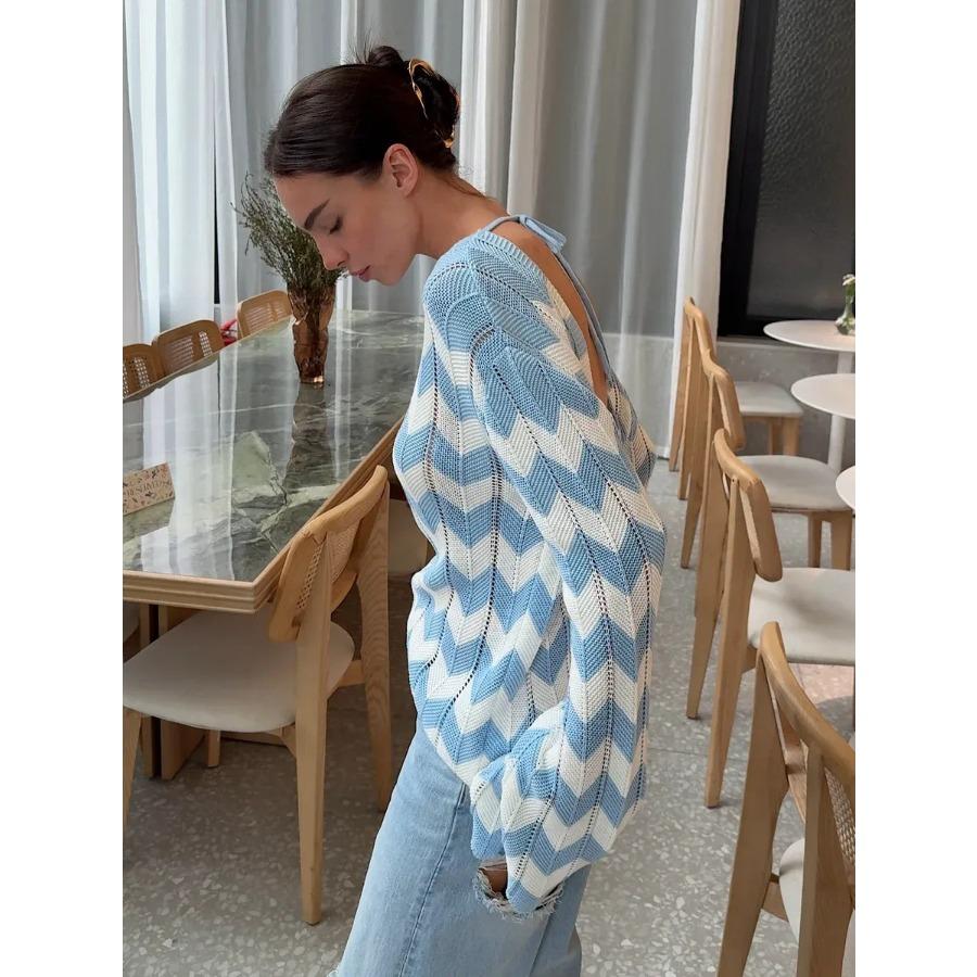 Back Hollow Women's Crew Neck Long Sleeve Knitted Sweater Autumn and Winter