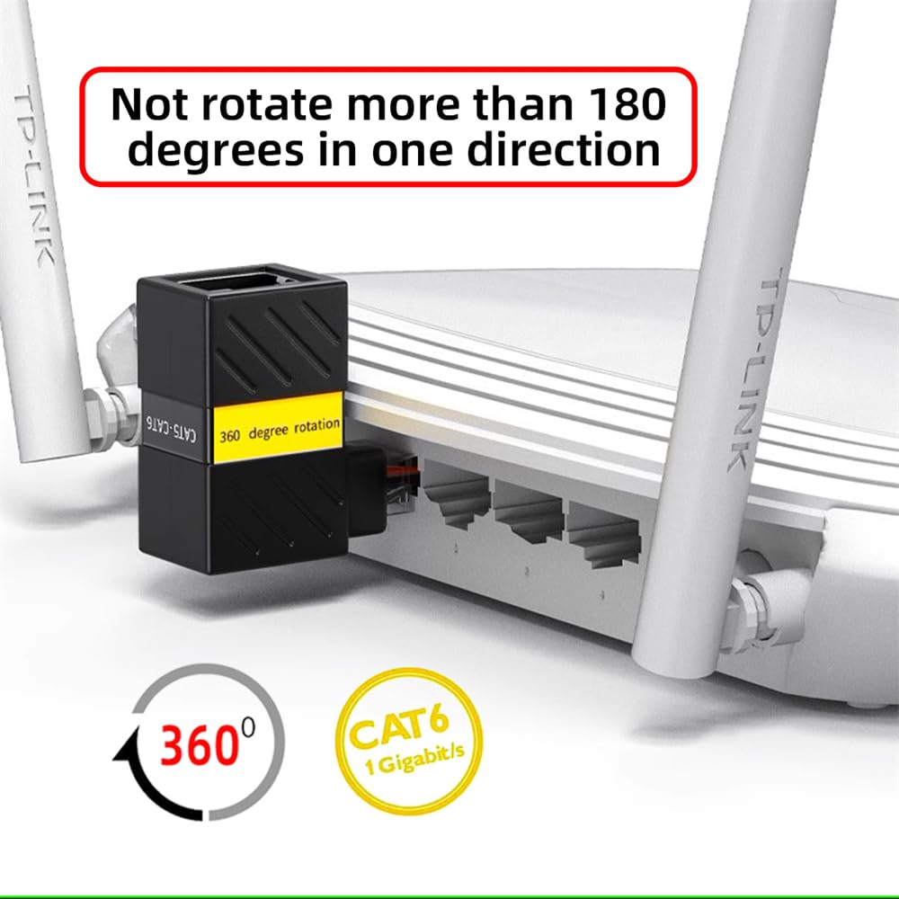 Cablecc 360 Degree Rotating CAT6 UTP Male to Female Adapter for RJ45 8P8C 1000Mbps LAN Ethernet Networks