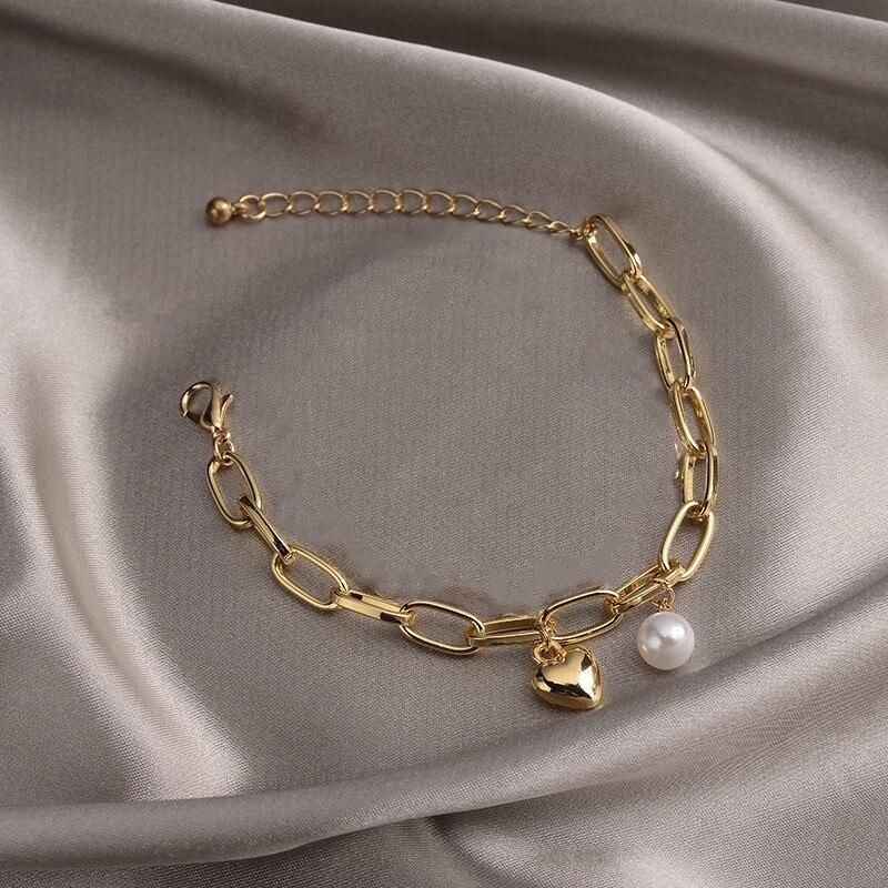 1pcs Gold-color Bracelet Ladies Simple Style Thick Cross Chain With Love Human Head Cross Pearl Pendant