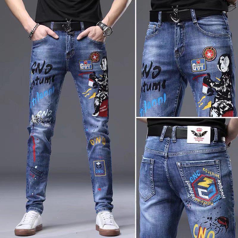 2025 Spring/Summer Men's Slim Fit Patchwork Ripped Jeans, Straight Leg, Blue with Applique and Raw Edge