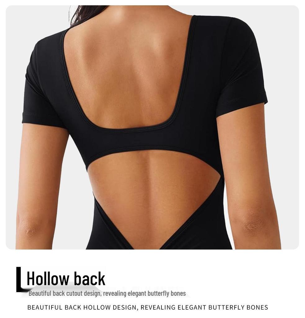 Damen Quick-Dry Yoga-Jumpsuit mit quadratischem Ausschnitt, kurzen Ärmeln & Cut-Out am Rücken