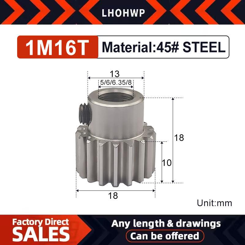 1M16T Hole 5-6-6.35-8 Teeth 1M Small Gear 1 Mod Spur Gear 1 Motor Mini Gear Pinion 45# Steel Transmission 5mm