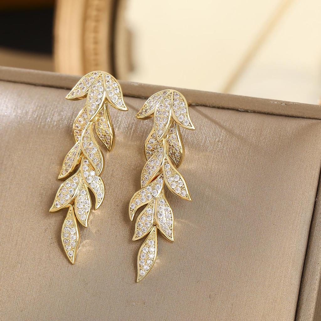 Elegant Micro-Inlaid Zirconia Leaf Earrings - Light Luxury, European & American Style Long Drops