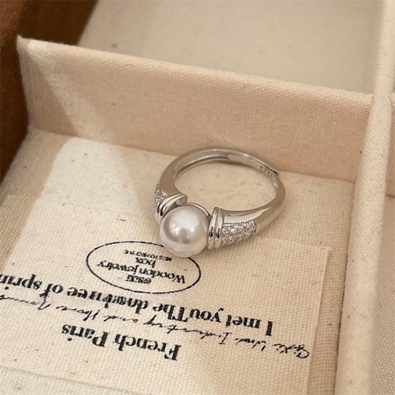 Medieval zircon slightly inlaid pearl ring, index finger ring, versatile open ring.