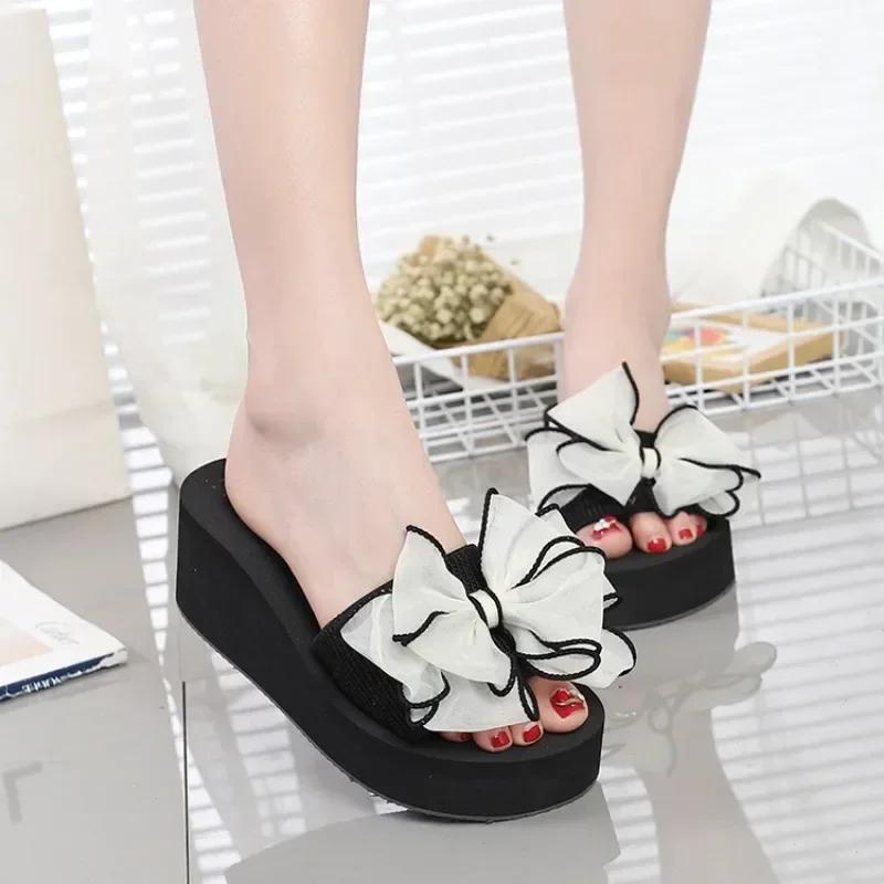 Fashion Chic Black Platform Flip - Flops with Mesh Pink Bow - Ideal for Summer Beach & Casual Outings