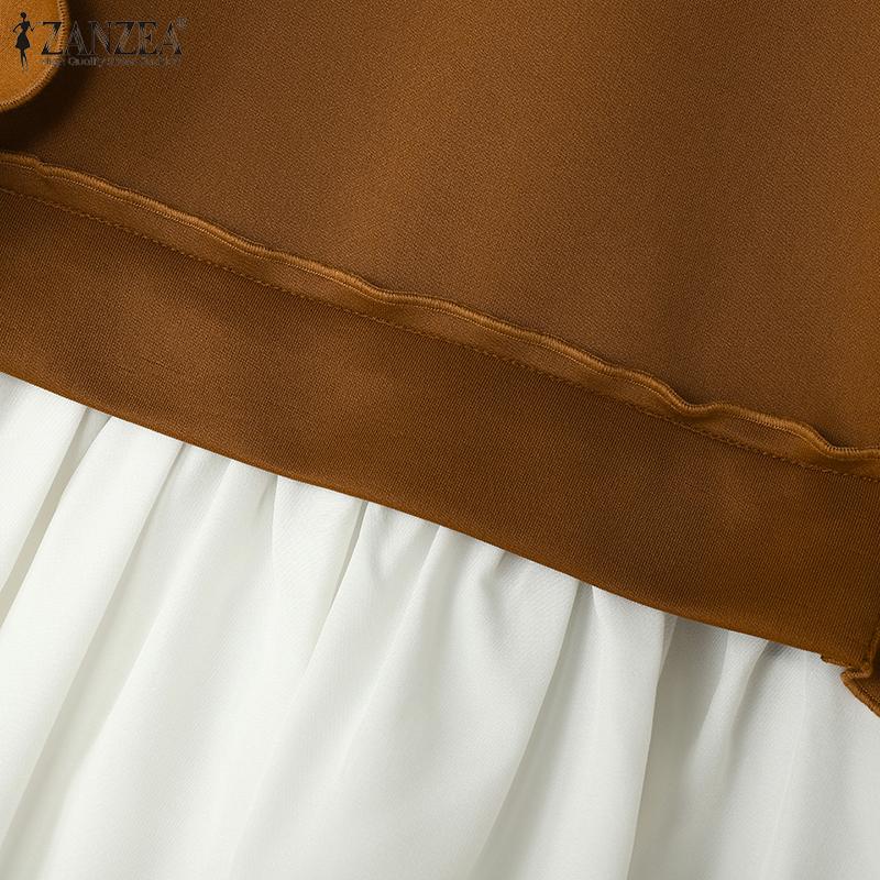 ZANZEA Women Vintage U-Neck Long Sleeve Fake Two Piece Pullover Sweaters